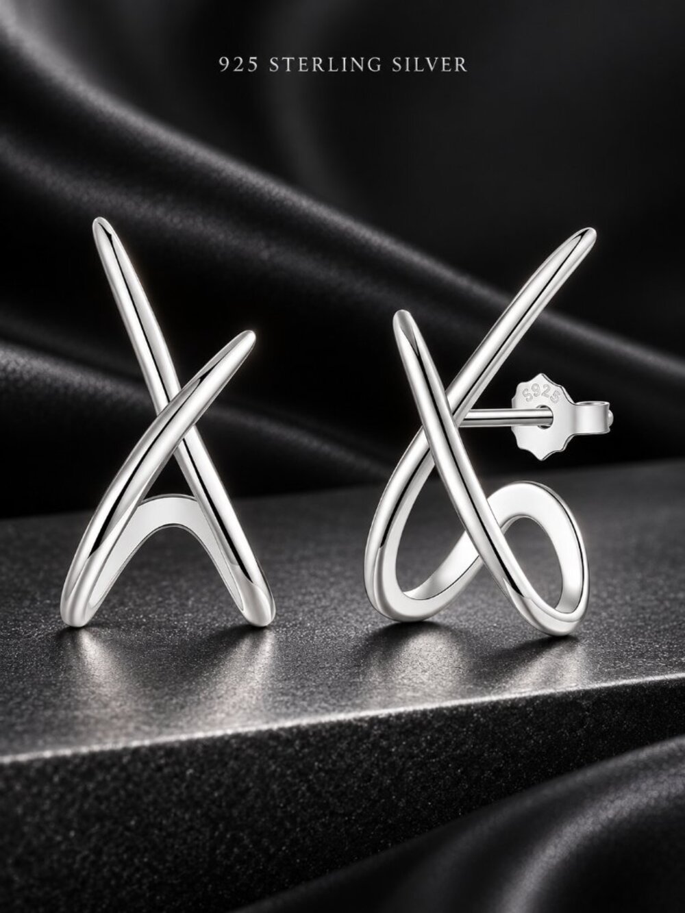 X Stud Earrings, Geometric Earring, 925 Sterling Silver, Unisex, 18K White Gold